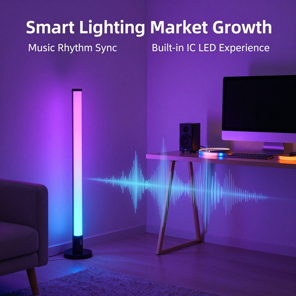 一张具有现代感的室内氛围效果图，展示音乐节奏灯在智能照明市场中的实际应用场景。画面中心是一个极简风格的客厅，角落里立着一根幻彩RGB角落灯（Corner Light），电脑桌旁布置着全彩音乐节奏灯带。灯光呈现出鲜艳的紫色、蓝色和橙色渐变，正如文中提到的‘幻彩、流动效果’。光影随着桌面音箱发出的声波（以半透明发光线条可视化表示）律动，体现智能照明市场快速增长带来的沉浸式体验。背景带有科技感，光线细腻，无明显的色块感，体现高灰阶和高刷新率的视觉品质。横幅比例，专业摄影风格。