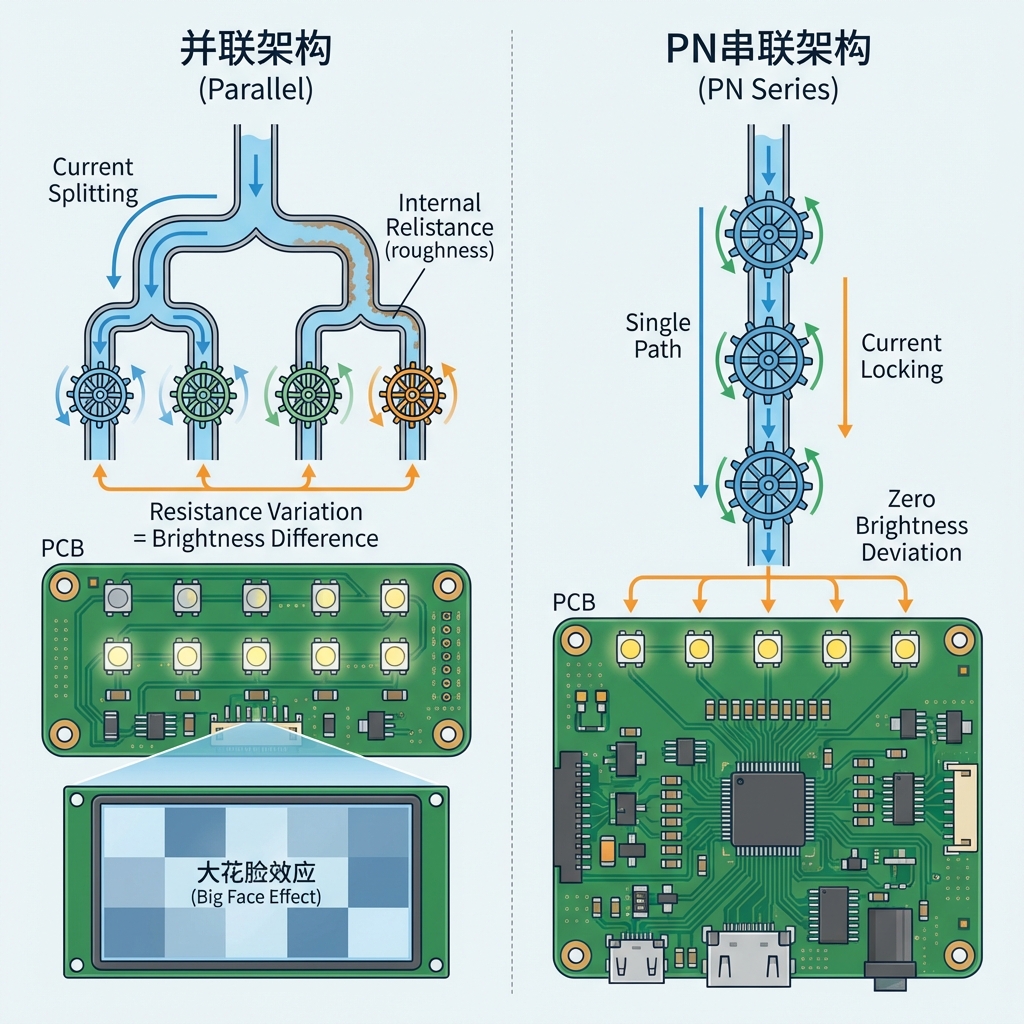 技术原理示意图，对比并联与PN串联架构。并联（左）因电流不均导致屏幕色块不均；PN串联（右）通过“水管流过所有水车”隐喻，展示电流物理强制一致，灯珠亮度同步，实现电流锁定和零亮度偏差。