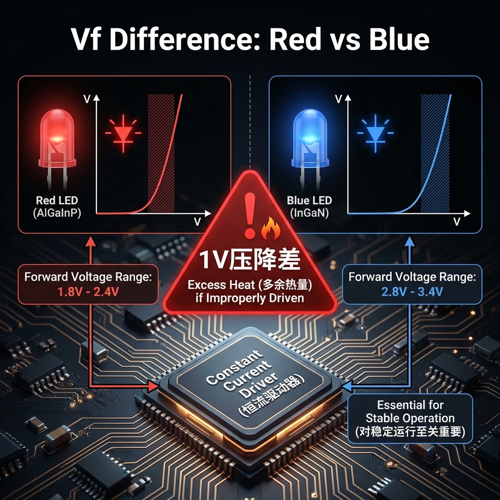 高清对比图，展示红色LED（AlGaInP）与蓝色LED（InGaN）的电压电流（V-I）特性差异，并用警告图标强调1V压降差。
