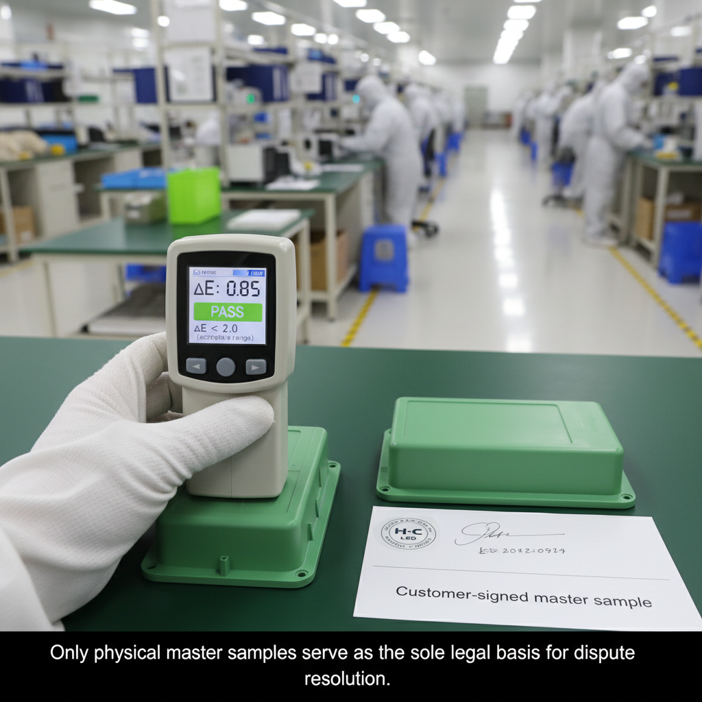 分光测色仪检测LED产品外壳，屏幕显示Delta E 0.85合格，强调数据化对色和物理封样在精密制造中的重要性。