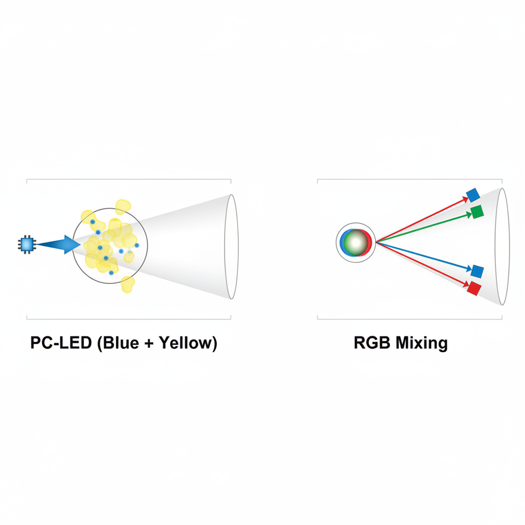 白光LED发光原理对比示意图，左侧为PC-LED（蓝光+黄色荧光粉）原理，右侧为RGB混光原理。
