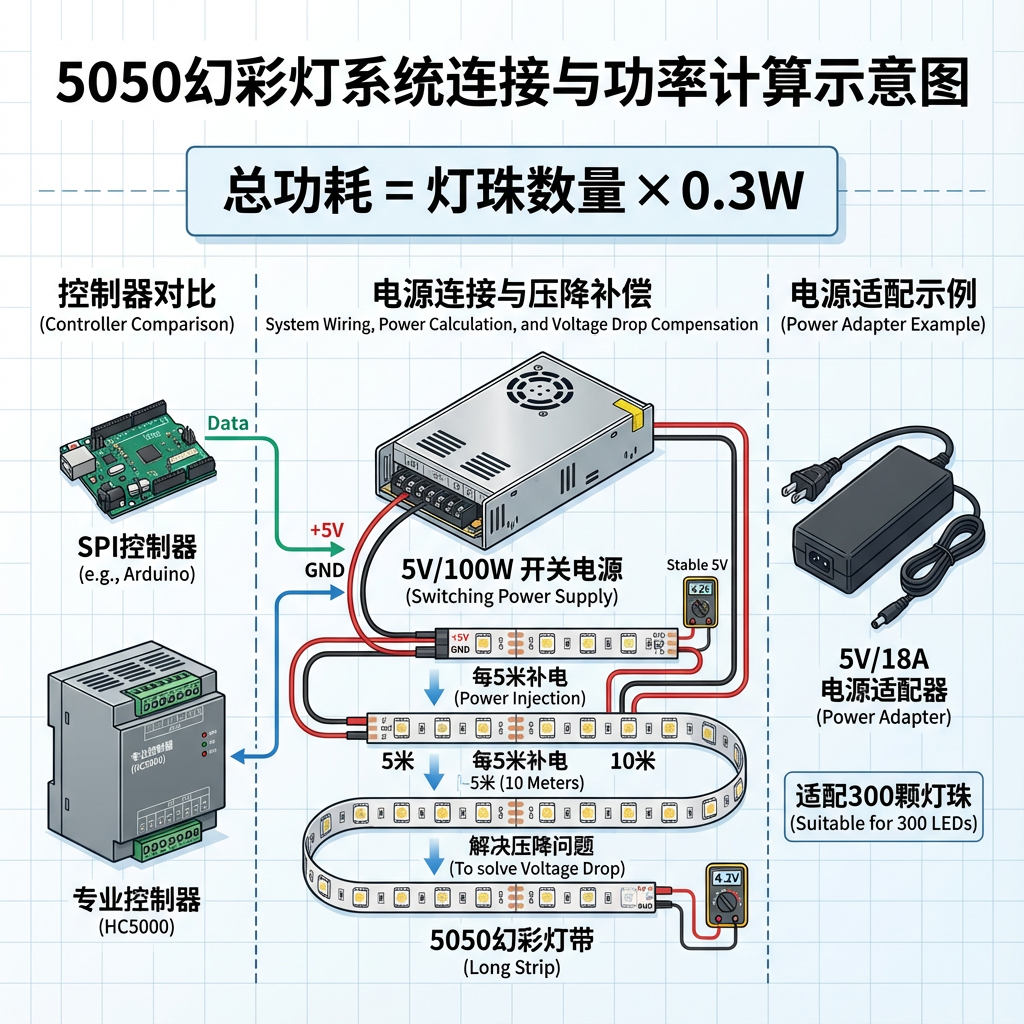 5050幻彩灯系统连接与功率计算示意图,展示接线方式、功率计算公式及压降补偿。