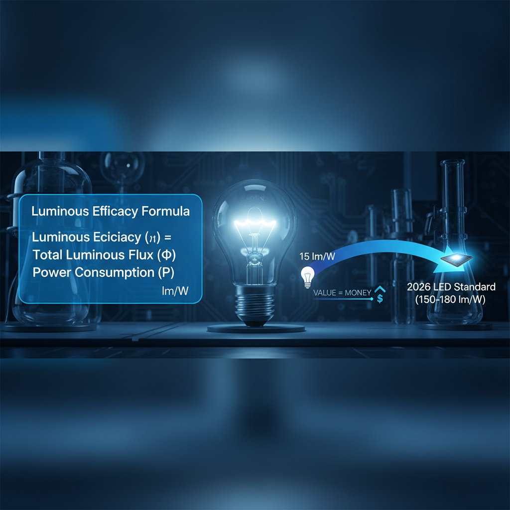 流明/瓦特光效定义与计算公式，展示从白炽灯到2026年LED光效的技术飞跃。
