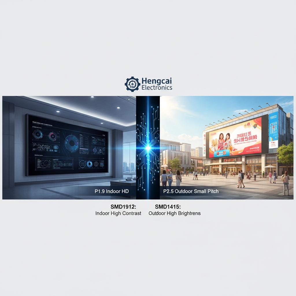 SMD1912 与 SMD1415 应用场景对比图：左侧为户内高清指挥中心使用SMD1912，右侧为户外高亮商业广场使用SMD1415，展示两者不同应用环境和显示效果。
