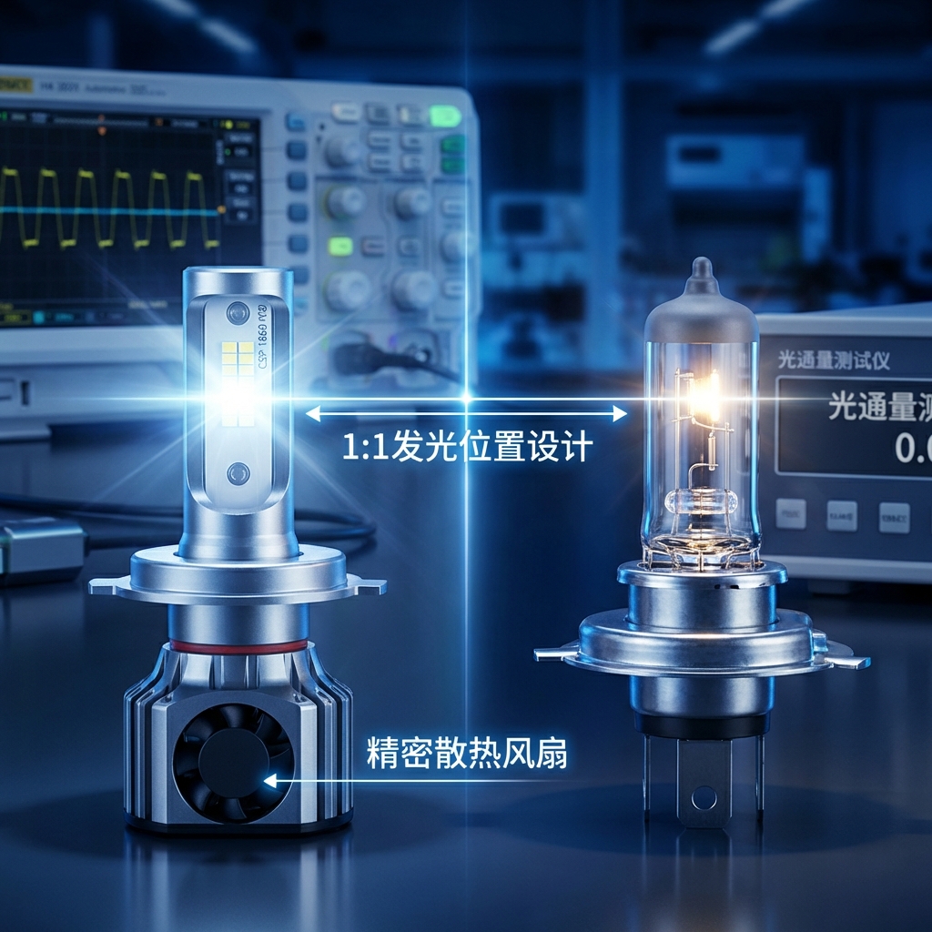 科技感十足的汽车H4 LED大灯灯泡与卤素灯对比图，强调1:1光学中心匹配和精密散热，展现LED车灯‘准’和‘稳’的技术优势。