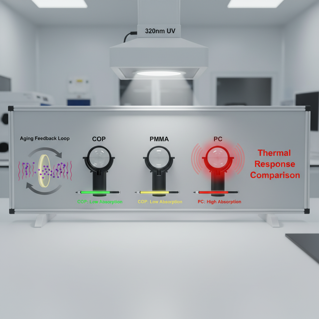三种光学材料（COP、PMMA、PC）在320nm UV照射下的热响应对比及COP老化正反馈示意图