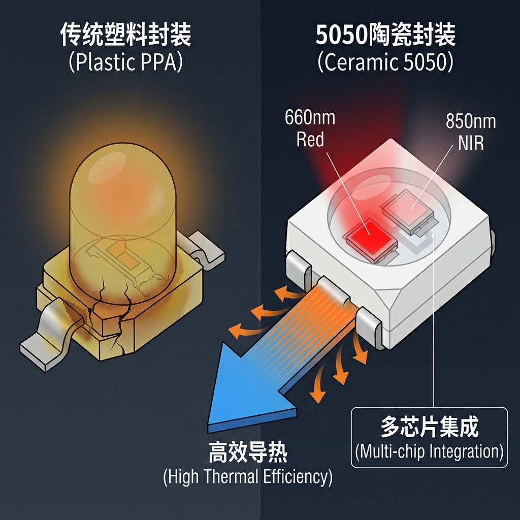 技术对比示意图：左侧展示传统PPA塑料封装灯珠发黄光线暗淡，右侧展示恒彩电子5050陶瓷封装灯珠集成660nm红光与850nm近红外双芯片，结构稳固洁净，强调陶瓷高导热效率。