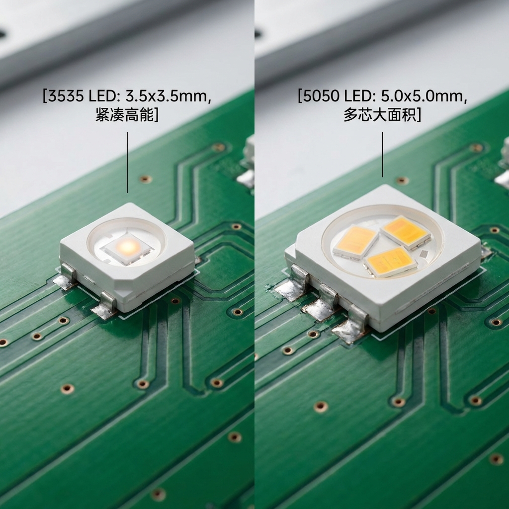 LED 3535与5050灯珠在PCB板上的物理外观对比，左侧为3.5x3.5mm的3535灯珠，右侧为5.0x5.0mm的5050灯珠，强调尺寸与内部芯片结构差异。