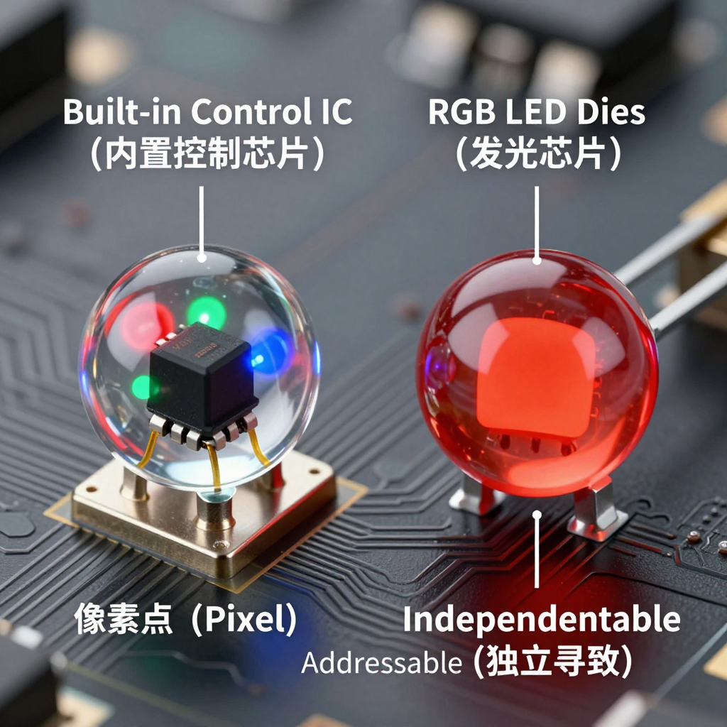 一张高精度的微距摄影风格插图，展示‘内置IC灯珠’与‘传统RGB灯珠’的本质区别。画面采用对比构图：左侧是一颗透明封装的5050内置IC灯珠（如WS2812B），可以清晰看到内部除了红、绿、蓝三个发光芯片外，还有一个黑色的微型控制IC和金丝键合线，标注为‘像素点（Pixel）’；右侧是一颗普通的RGB灯珠，内部只有发光芯片。背景是FPC电路板的纹路。这张图旨在解释文中提到的‘单点单控’和‘独立寻址’的硬件基础，体现出内置IC灯珠的集成度。光影通透，金属质感真实。