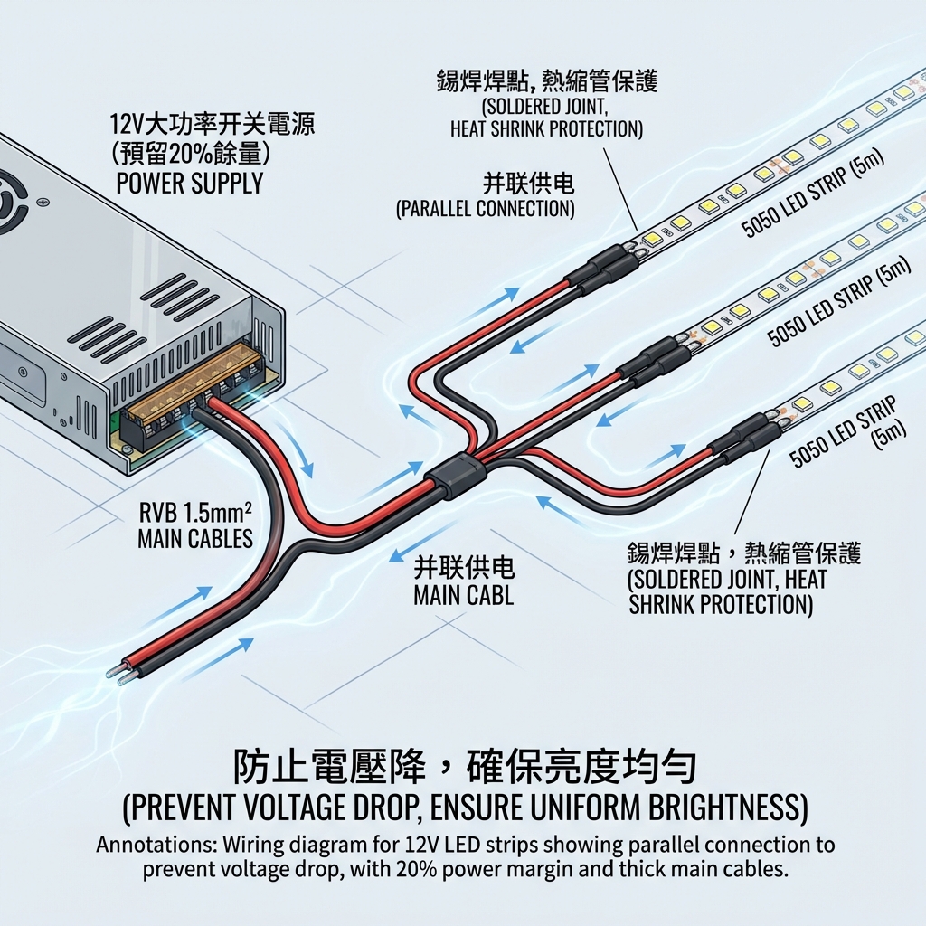 12V 5050灯带并联供电示意图，展示粗主线、并联分线和锡焊接点，以防止电压降和确保亮度均匀