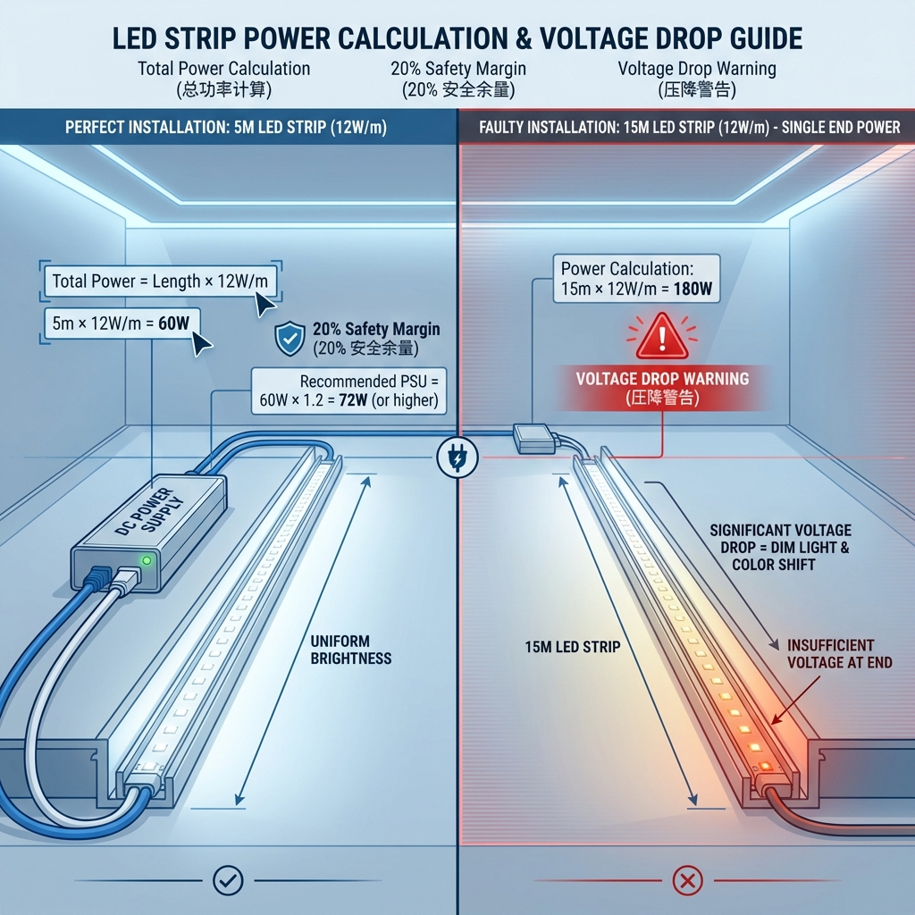 12W/米 LED灯带全解析：功率计算、容量规划与回路分配实战指南