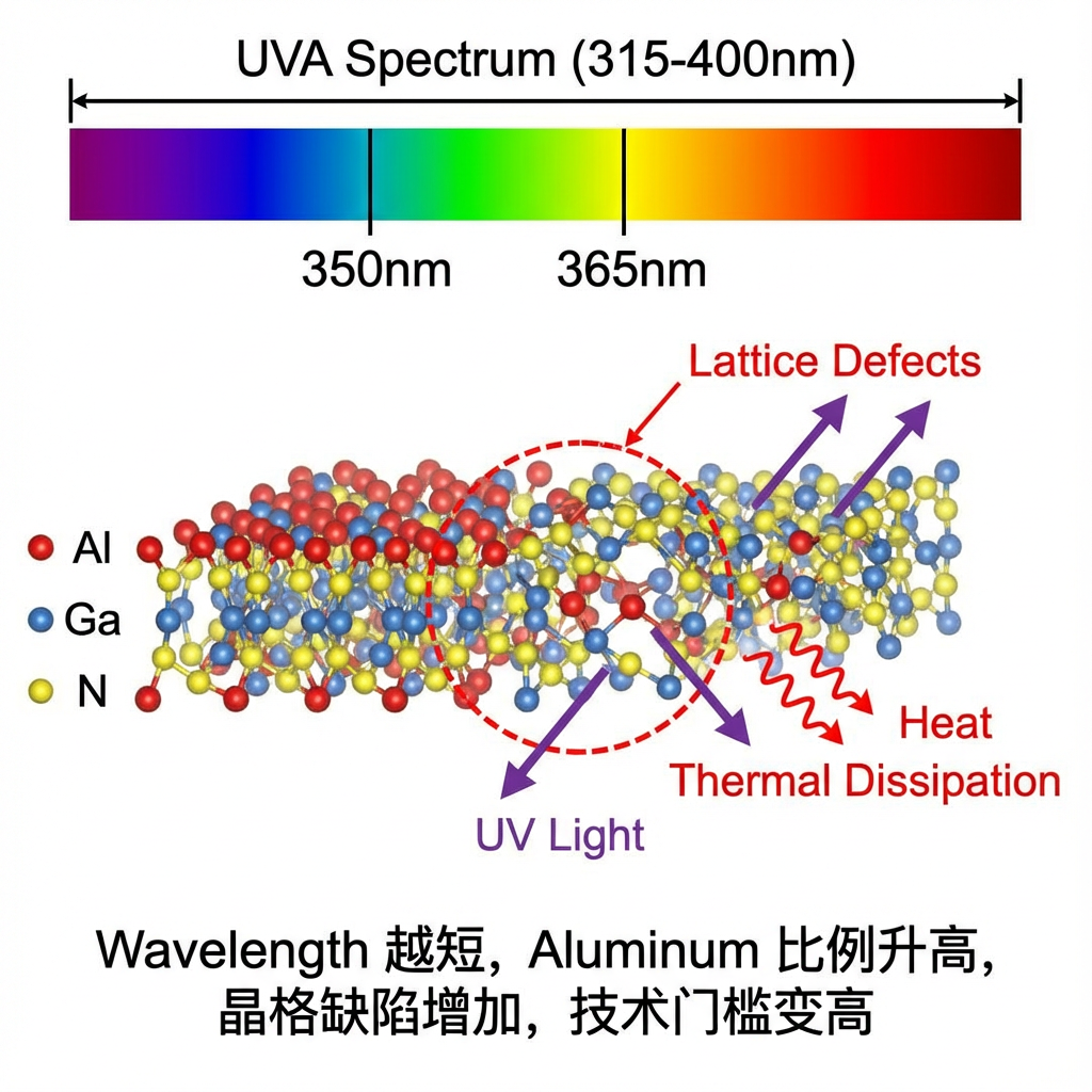 一张展示紫外光谱划分及AlGaN材料挑战的技术示意图。上方是紫外光谱带，突出UVA区域并标出350nm和365nm。下方通过微观视角展示AlGaN晶体结构模型，高Al组分的350nm侧有晶格缺陷，解释波长越短技术门槛越高，部分光线被缺陷拦截转化为热能。