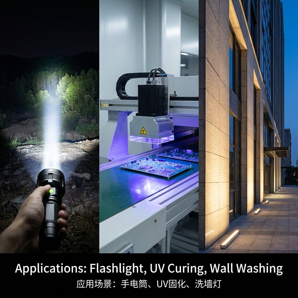 多场景应用展示图：横向拼贴展示强光手电筒的90度集中光束、UV固化设备在工业车间内对电路板进行紫外光固化、以及建筑外墙的洗墙灯效果，标注文字为‘Applications: Flashlight, UV Curing, Wall Washing’。