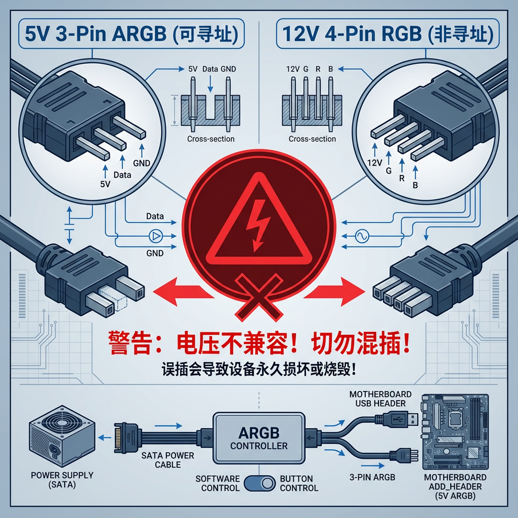 这是一张关于‘5V 3-Pin ARGB’与‘12V 4-Pin RGB’接口的横向对比图，旨在解析两者区别并防止用户误操作。画面左侧为放大的5V 3-Pin接口特写（三个针脚，中间空位），标注‘5V 3-Pin ARGB (可寻址)’；右侧为12V 4-Pin接口，标注‘12V 4-Pin RGB (非寻址)’。中间有一个醒目的红色警告图标，提示电压不兼容。画面下方展示ARGB控制器的连接逻辑：SATA线连接电源，USB或3-Pin线连接主板的‘ADD_HEADER’。图表的色调以工业蓝和警示红为主，构图清晰，文字标注清晰易读，帮助新手用户快速识别硬件接口，避免因误操作烧毁设备。