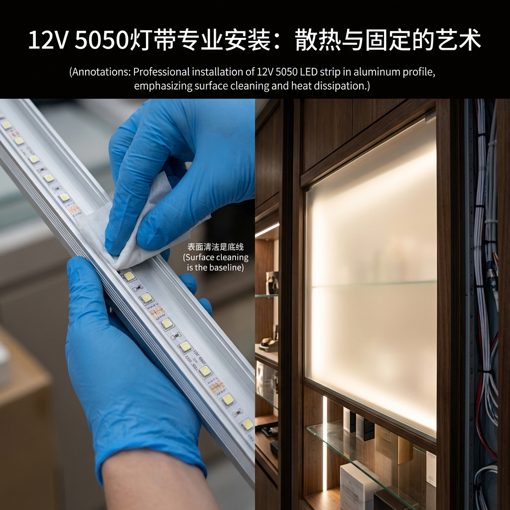 12V 5050灯带专业安装：散热与固定的艺术，技术人员正在清洁铝槽，展示灯带与PC扩散罩完美结合