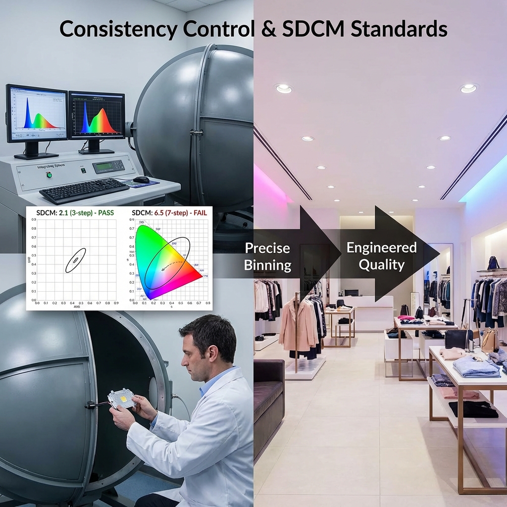 展示积分球测试设备和商业照明空间，对比3-step SDCM与7-step SDCM对LED混色一致性的影响。