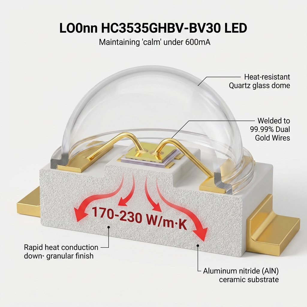 HC3535GHBV-BV30灯珠的3D剖面结构图，突出氮化铝陶瓷基板170-230 W/m·K的卓越导热性能和99.99%双金线焊接工艺，确保大电流下稳定散热。
