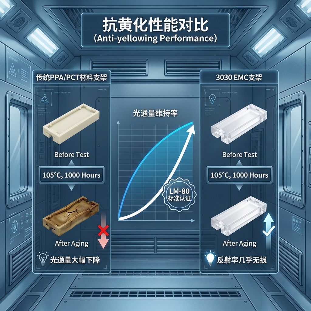 EMC材料优越性对比图解，展示了传统PPA/PCT支架在高温老化后黄化、脆化与EMC支架保持洁白的对比，突出了其卓越的抗黄化性能和光通量维持率。