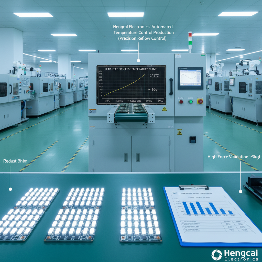 恒彩电子自动化生产线场景图，展示高精密回流焊设备和实时显示的无铅工艺温度曲线（峰值245℃，220℃以上持续50秒），前景是5050大功率灯珠模组和强调高强度推力验证（>3kg）的检测报告，体现严格的质量管控。
