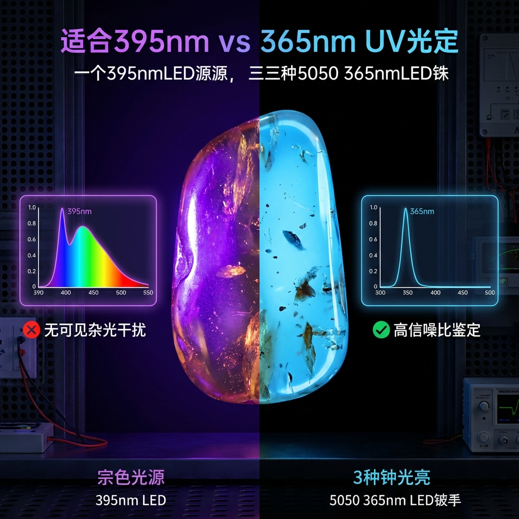 科学严谨的光谱对比视觉图，解释365nm与395nm紫光在珠宝鉴定中的区别。画面中心放置一块天然琥珀，左侧受395nm光线照射，琥珀表面覆盖着一层浓重的紫色强光（光污染），掩盖了细节；右侧受3颗5050 365nm LED灯珠照射，背景几乎全黑，琥珀呈现出纯净、明亮的天蓝色荧光。图中加入两个发光光谱曲线的UI元素，左边曲线峰值在395nm且包含大量可见光波段，右边曲线峰值精准锁定在365nm，线条干净。标注文字：'无可见杂光干扰' (No Visible Light Interference) 和 '高信噪比鉴定' (High SNR Identification)。构图平衡，采用深色工业风背景。