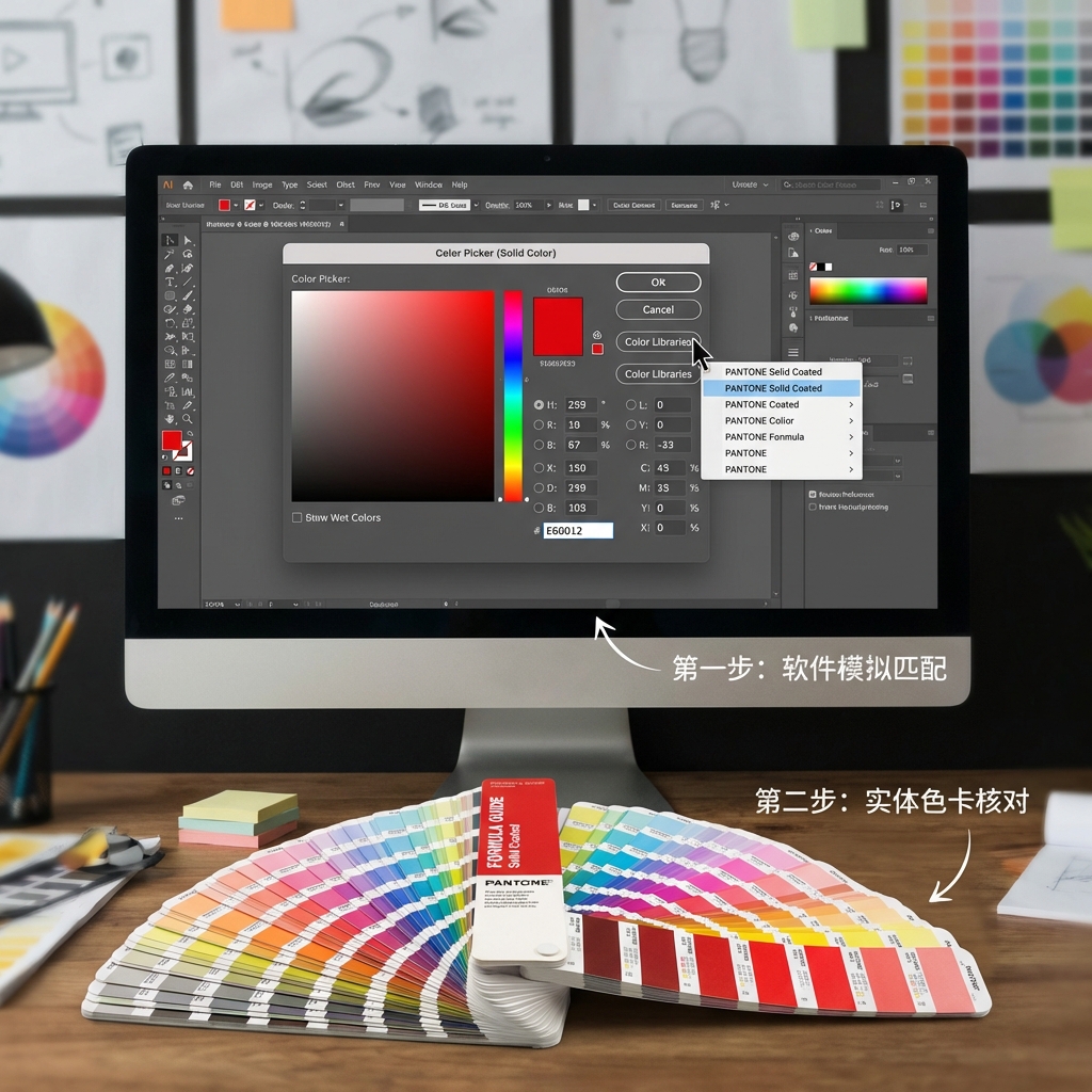 展示在Adobe Illustrator软件中进行色号转换的专业场景。画面中心是软件的拾色器窗口，输入框中显示着色值‘#E60012’，鼠标正点击在‘颜色库(Color Libraries)’按钮上，弹出的菜单指向‘PANTONE Solid Coated’。背景是模糊的设计稿办公环境。在显示器下方，真实地摆放着一本展开的实体潘通C卡（扇形色卡），正好翻到Pantone 485 C这一页。画面强调‘数字匹配’与‘物理验证’的结合。标注文字：‘第一步：软件模拟匹配’，‘第二步：实体色卡核对’。