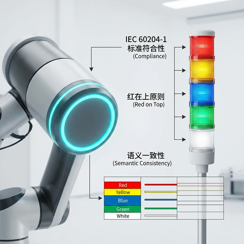 符合IEC 60204-1标准的机器人灯光定义示意图，展示了机器人本体环形灯和五层信号塔灯的颜色与含义。