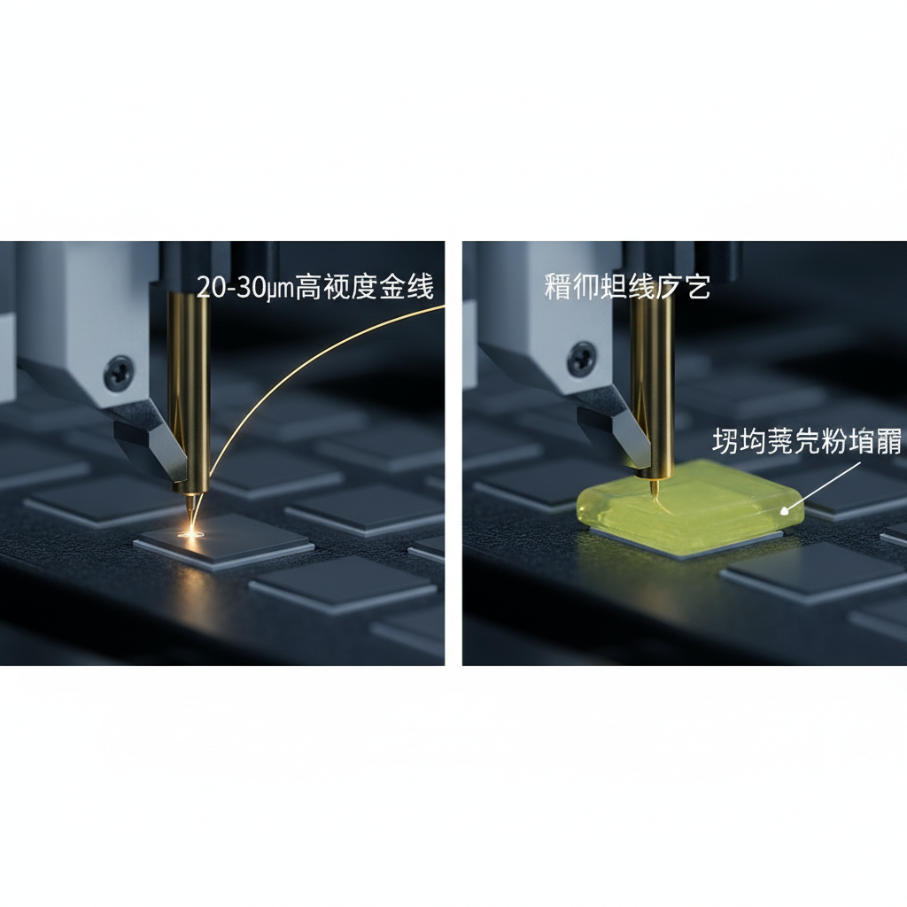 显微镜下的LED精密焊线工艺，展示20-30μm高纯度金线与均匀荧光粉涂覆。