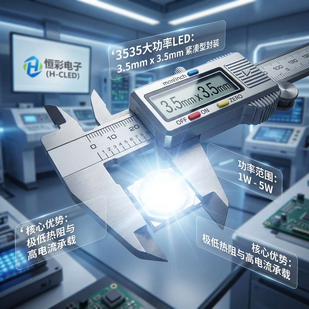 3535大功率LED: 3.5mm x 3.5mm 紧凑型封装，功率范围1W-5W，核心优势是极低热阻与高电流承载。画面中心是一颗点亮的3535 LED，放置在精密卡尺上，背景是恒彩电子实验室，充满科技感与工业美学。