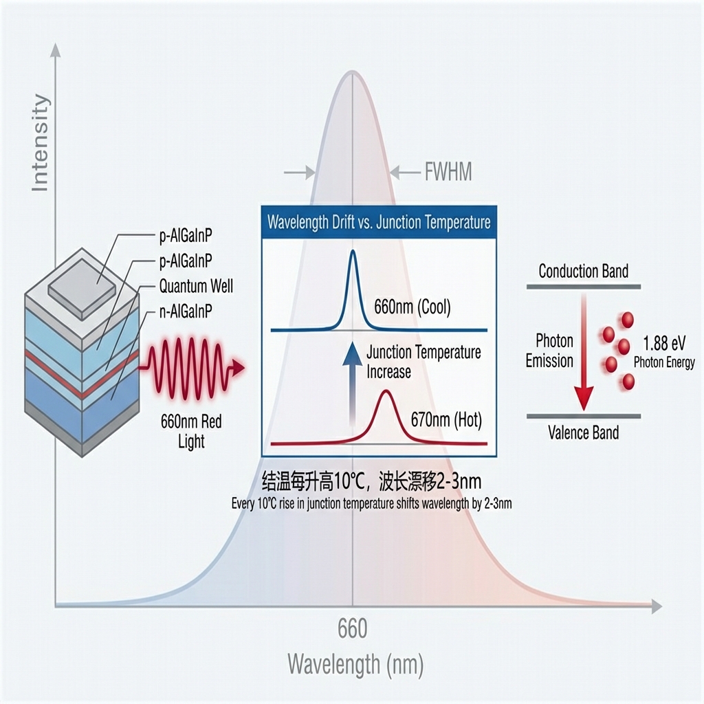 660nm物理特性信息图解，展示AlGaInP LED芯片、波长漂移现象（660nm向670nm偏移）、1.88 eV光子能量模型和FWHM钟形曲线。