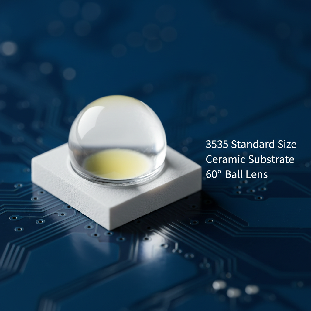 3535陶瓷球头白灯贴片白光60度微距特写，展示其陶瓷基板和球形透镜的精密结构