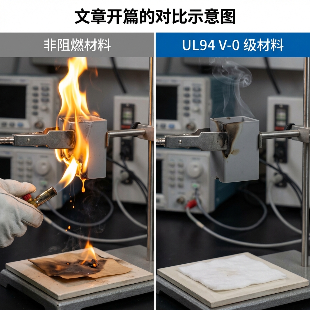UL94 V-0 阻燃材料与非阻燃材料的垂直燃烧测试对比，展示了V-0材料在移开火焰后迅速自熄，且无燃烧滴落物，而非阻燃材料则持续燃烧并有火雨引燃下方棉花。