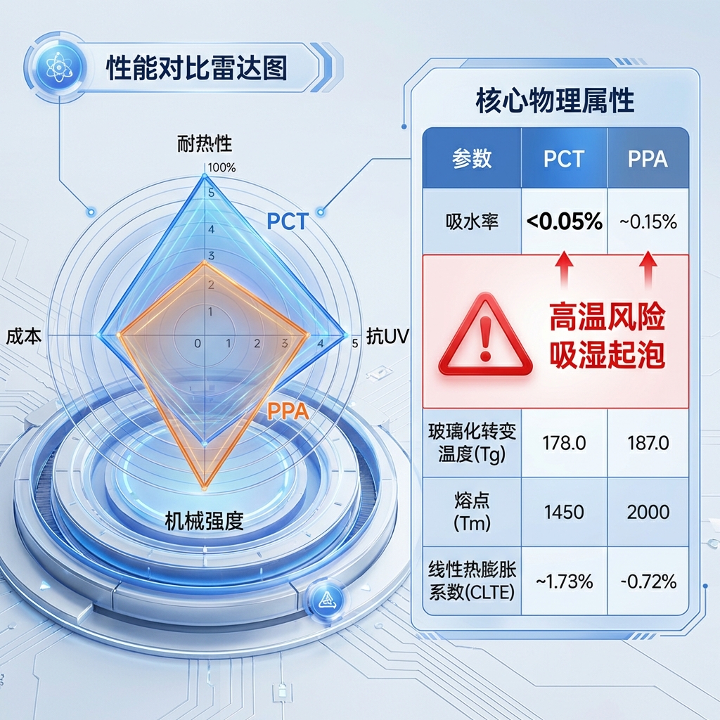 PCT与PPA支架性能雷达图及核心物理属性对比表，突出PCT低吸水率优势