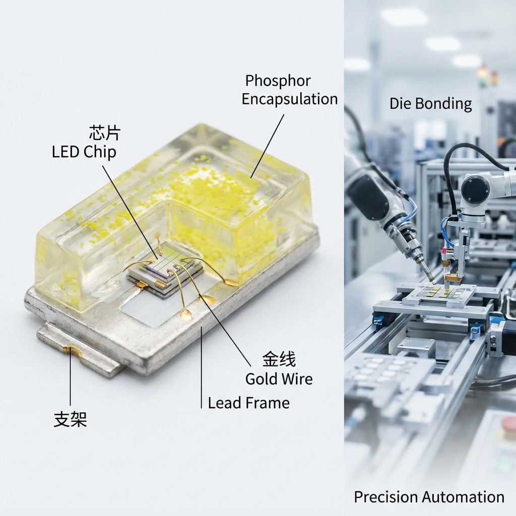 3.0*1.0 LED封装内部结构3D剖视图,清晰展示LED芯片、金线、支架和荧光粉封胶,以及自动化生产过程。