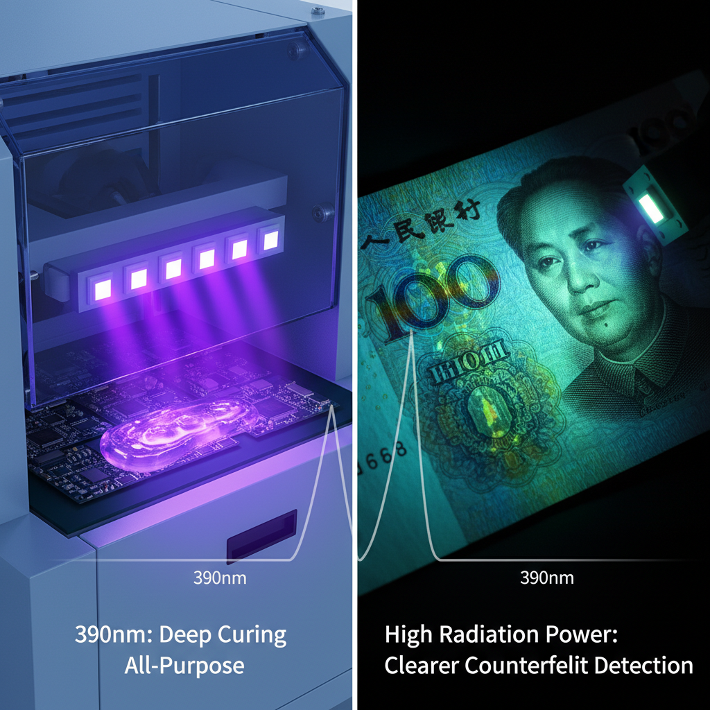 390nm紫光LED在工业应用中的场景图，展示其在UV固化和验钞防伪方面的强大功能。