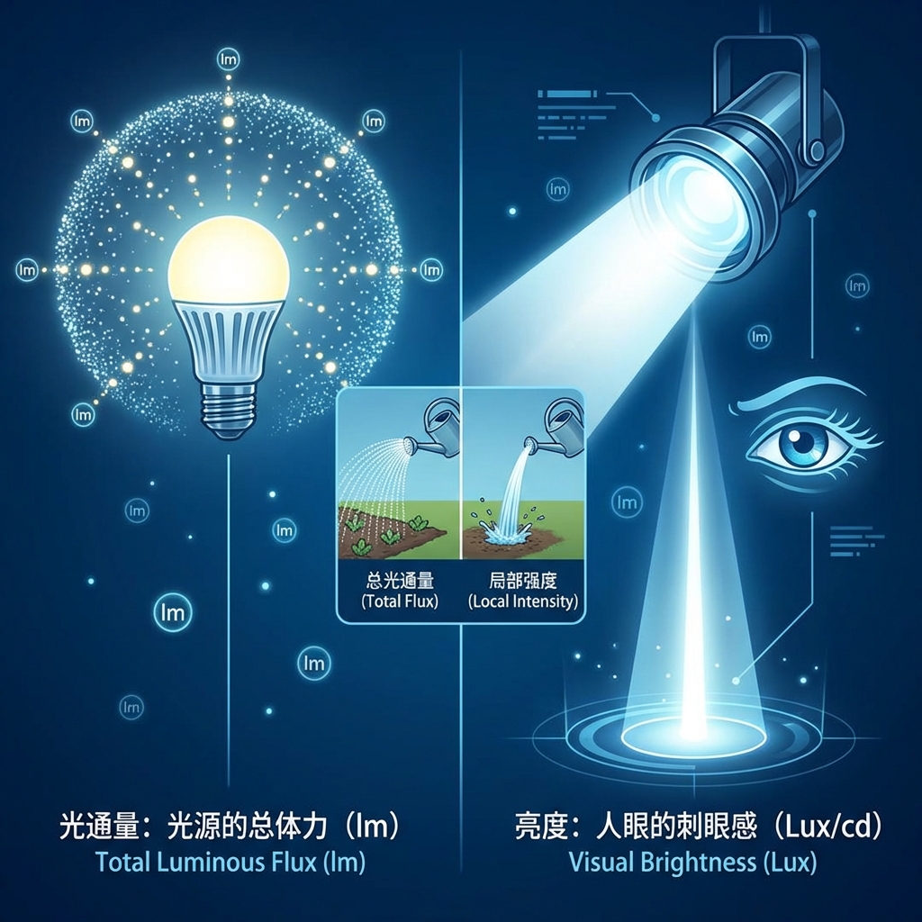光通量与亮度示意图：左侧为发光灯泡周围均匀散射光粒子（总光通量），右侧为聚光射灯直射眼睛示意图（亮度）。中间小插图为喷壶浇花比喻。