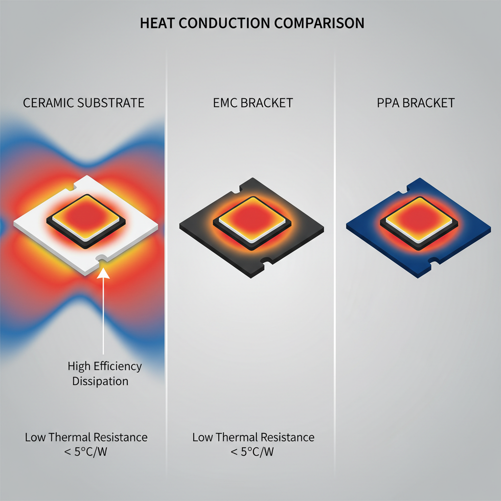 陶瓷基板、EMC支架和PPA支架在热量传导上的差异对比，突出陶瓷基板的低热阻和高效散热特性