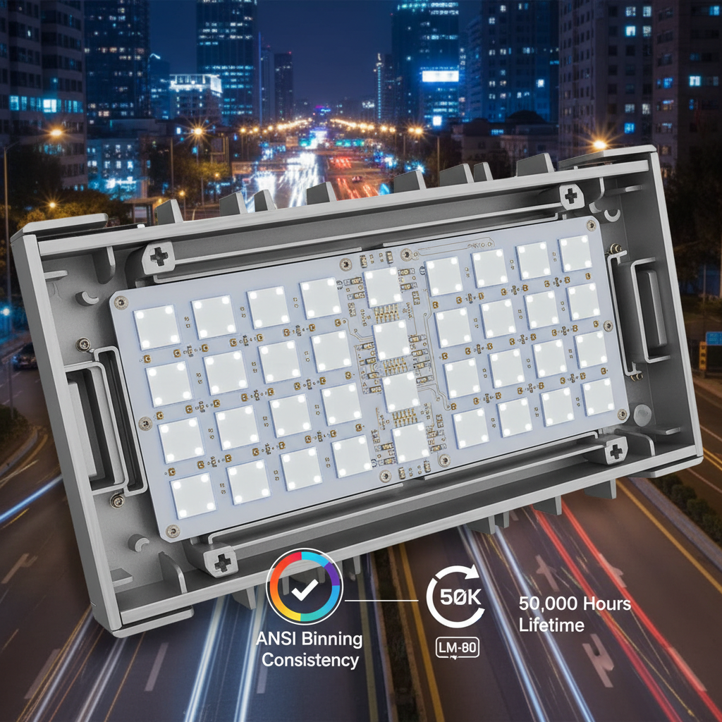 3535 LED灯珠在户外路灯中的应用场景，强调其50,000小时长寿命和ANSI色温分档一致性