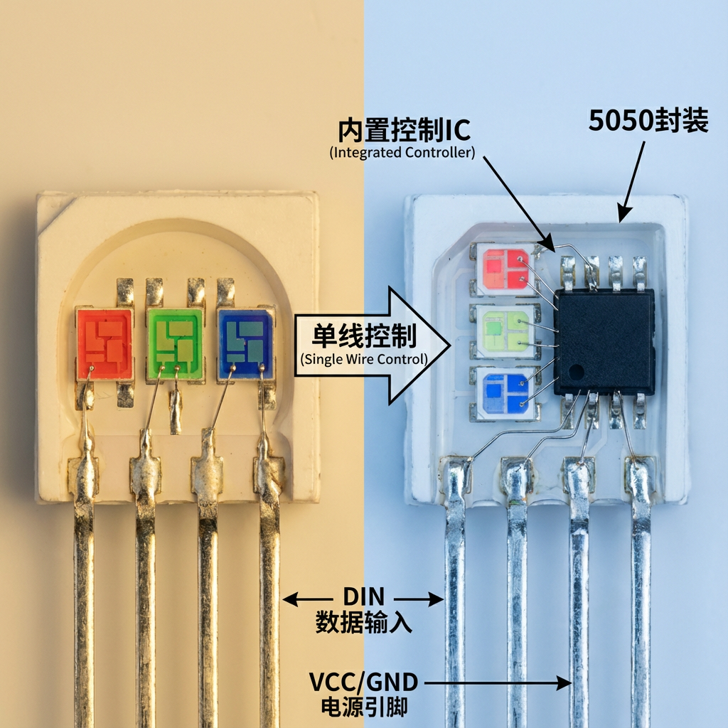 5050RGB内置IC灯珠内部结构特写，清晰展示其内部集成控制IC。