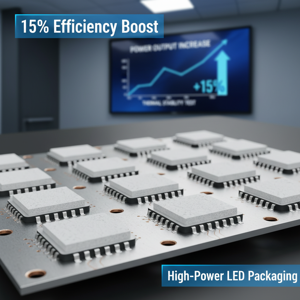 恒彩电子的SMD 5050大功率陶瓷LED灯珠系列，展示其氮化铝基座和专业的铝基电路板，以及屏幕上显示功率输出提升15%的数据图表。