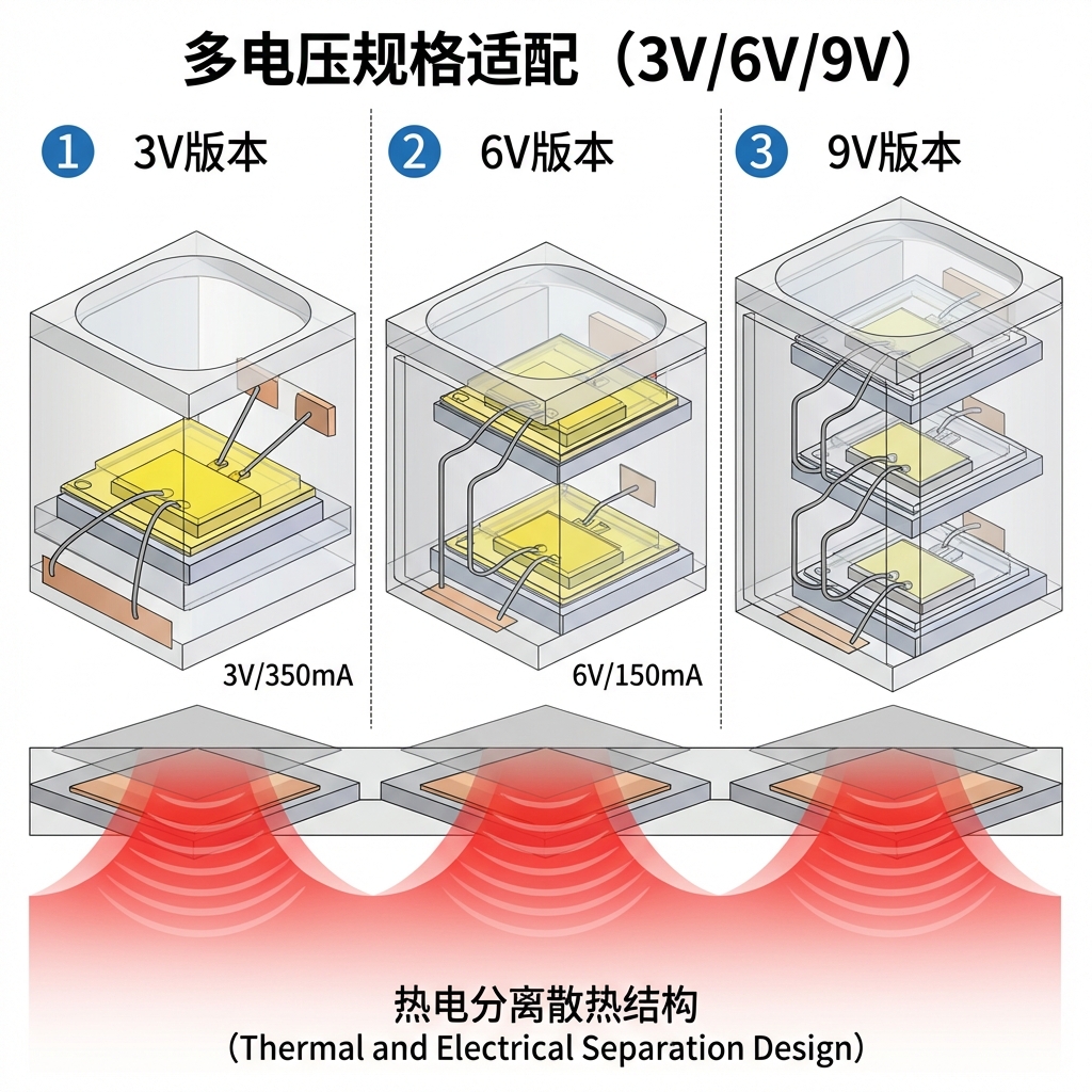 3030贴片灯珠的电气参数技术示意图，展示了3V、6V、9V版本的内部芯片串联结构和散热焊盘设计，突出了其多电压规格适配和热电分离散热结构。
