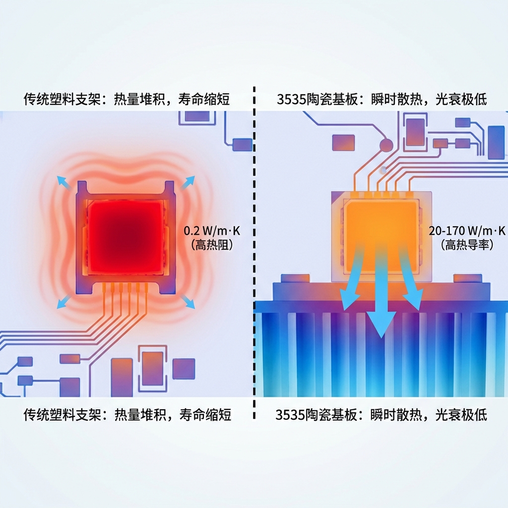 热成像对比图，左侧传统PPA塑料支架因热阻高而热量堆积，呈深红色，导致寿命缩短；右侧3535陶瓷基板热量迅速传导，呈橙黄色，标注高热导率并强调瞬时散热，低光衰。