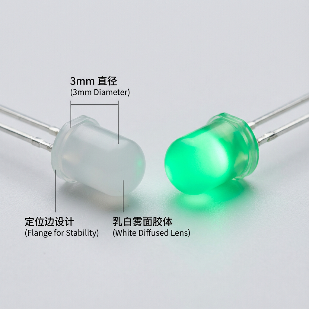 3MM白发绿有边直插LED灯珠HCF3GYB1C-H07产品细节图，展示熄灭状态的乳白雾面胶体和点亮状态的翠绿色光芒，以及其3mm尺寸和定位边设计。