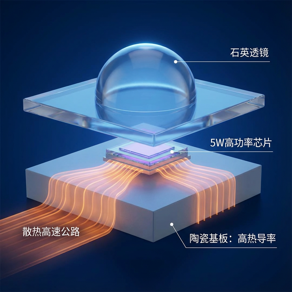 3636深紫外线灯珠的3D结构拆解渲染图，展示石英透镜、5W高功率紫外芯片和高导热陶瓷基板，以及热量从芯片传导到基板的散热路径。