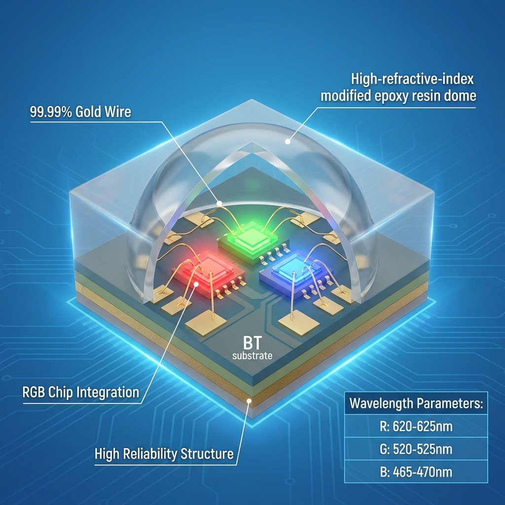 0808RGB灯珠的3D透视图，展示内部R/G/B三芯片精密排列、99.99%纯金线键合以及高折射率封装胶水结构。图示标注了各色芯片的波长范围，强调高可靠性。