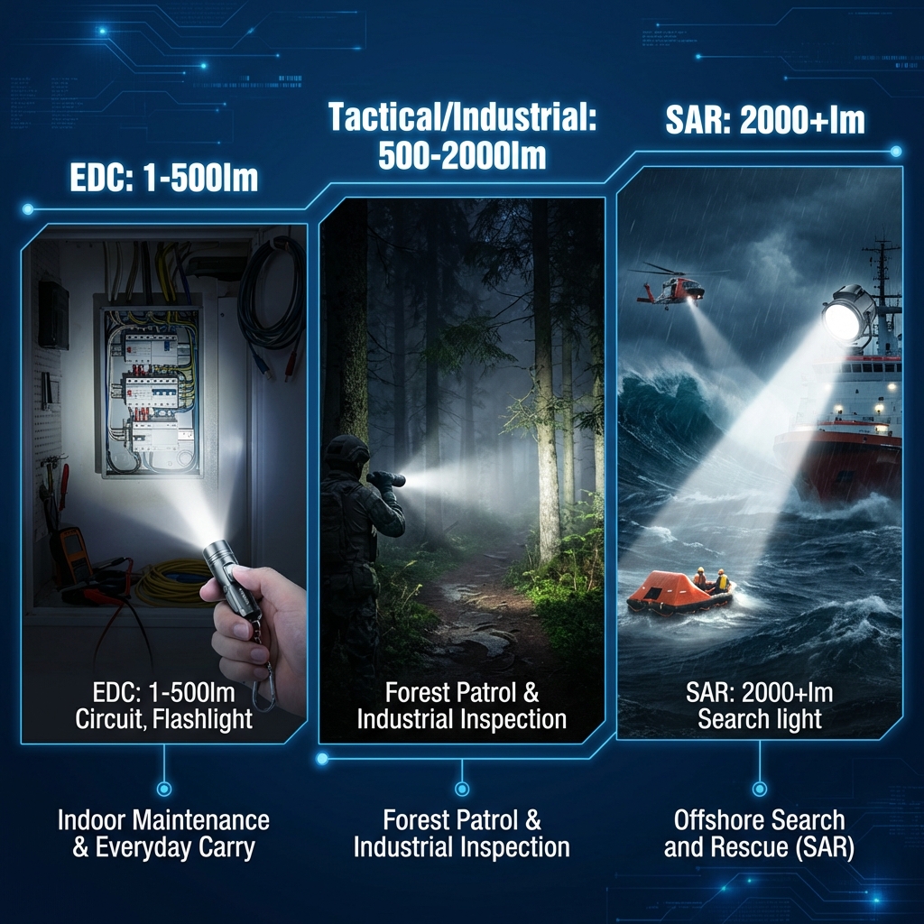 流明范围分类及应用场景：1-500lm的EDC手电用于室内检修，500-2000lm战术手电用于森林巡逻，2000+lm探照灯用于海上搜救