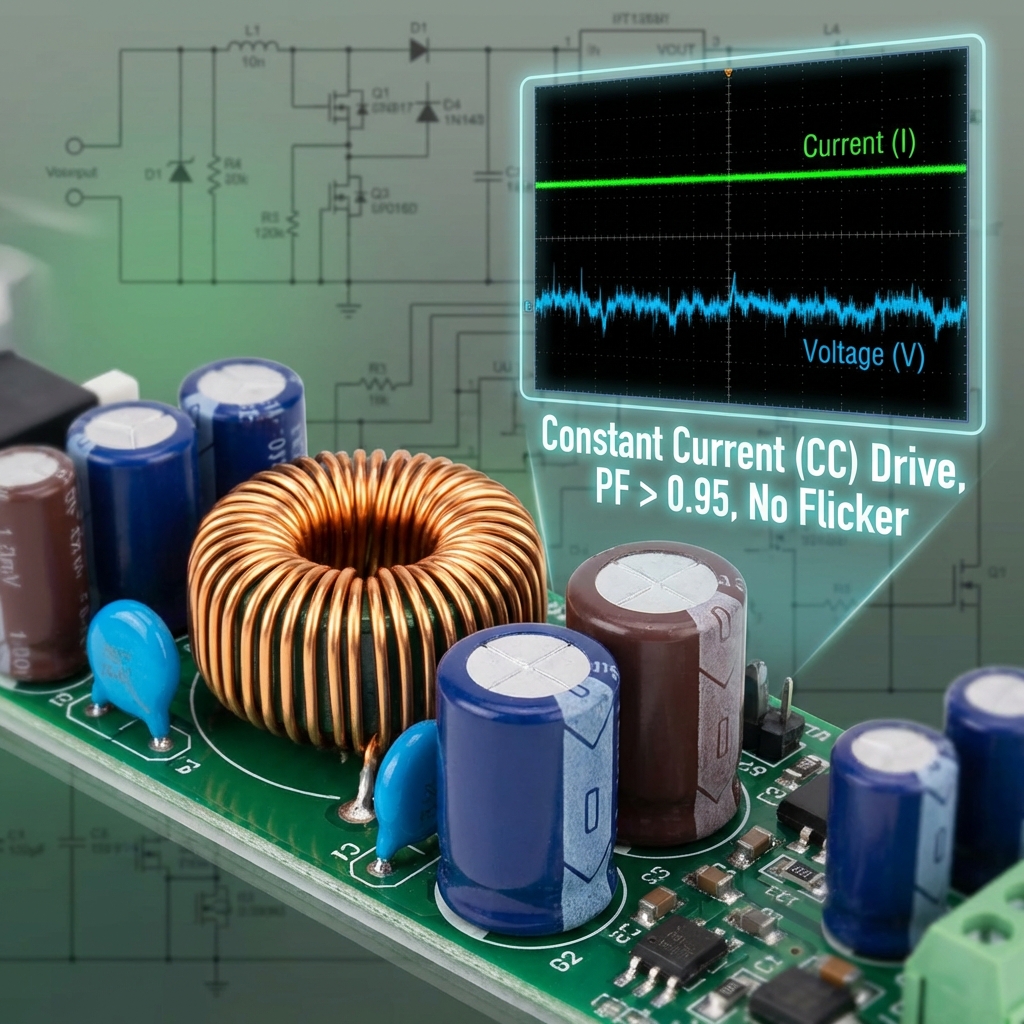 高功率恒流驱动电源的电路特写，展示主动PFC组件和稳定的电流波形