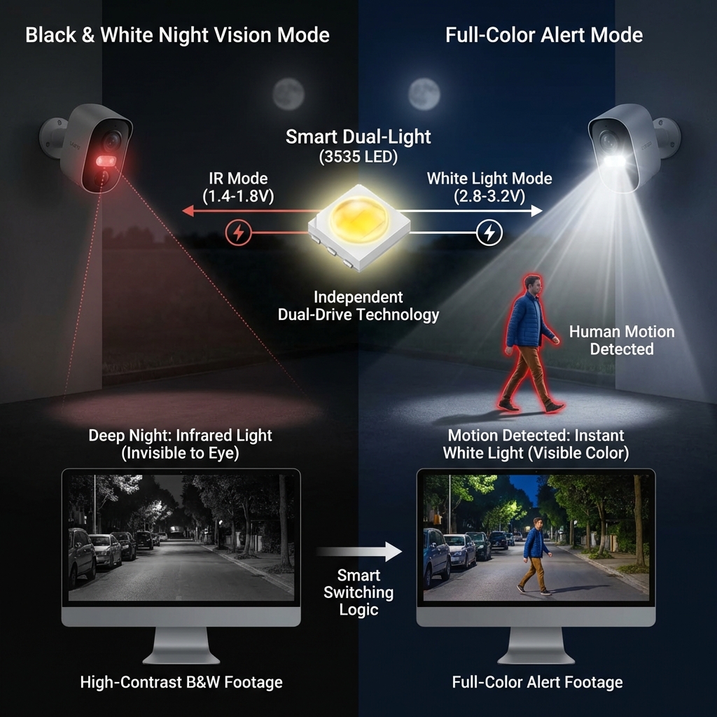 技术原理对比示意图，左侧为黑白夜视模式（红外光，画面黑白），右侧为全彩警戒模式（白光，画面彩色），展示当检测到人形移动时，灯珠从红外切换到白光，中间标注红外1.4-1.8V，白光2.8-3.2V的独立驱动电压。