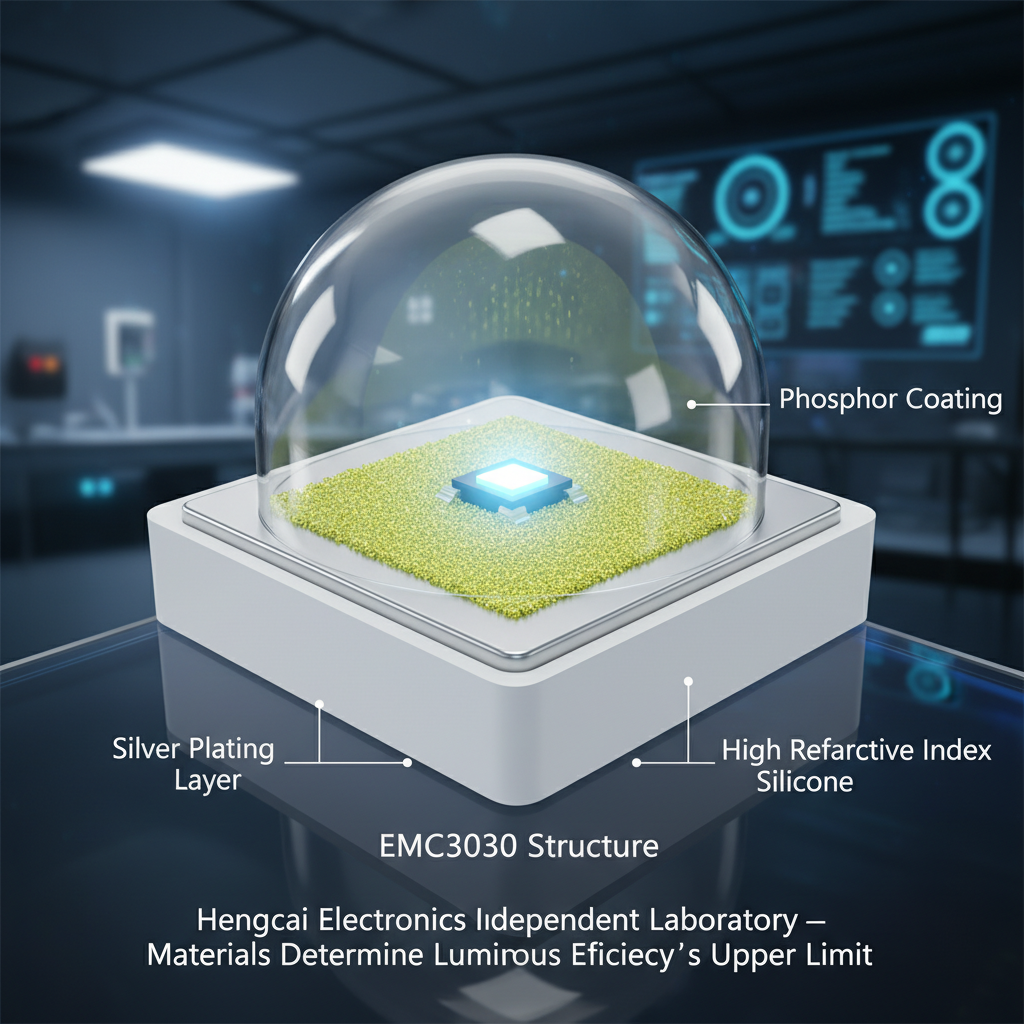 LED封装技术微观剖面图，展示EMC3030结构中的镀银层、荧光粉和高折射率硅胶对光效的影响。
