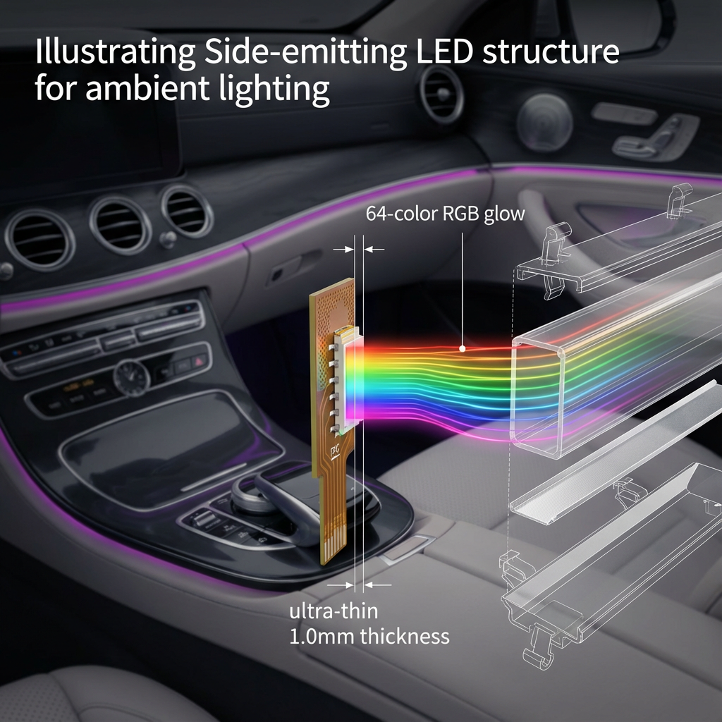 3D渲染图展示汽车侧发光LED（HC020/HC4040）在氛围灯中的应用，超薄设计，呈现64色RGB渐变效果。