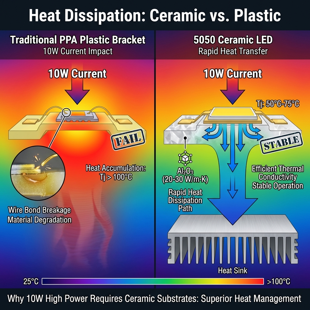 技术原理对比示意图：左侧展示传统PPA塑料支架在10W电流冲击下变黄和金线断裂的效果；右侧展示5050陶瓷灯珠通过氧化铝陶瓷高导热特性，热量快速向下传导，背景有热成像色彩梯度，标注为‘Heat Dissipation: Ceramic vs. Plastic’和‘Tj: 50°C-75°C’。